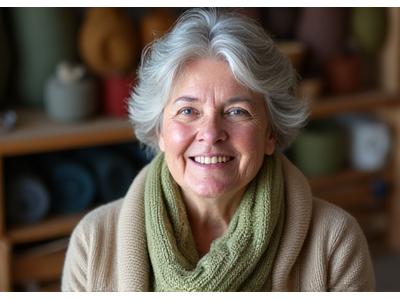 Portrait of Elara Vance, a knitting instructor, smiling warmly while holding a beautifully knitted scarf.