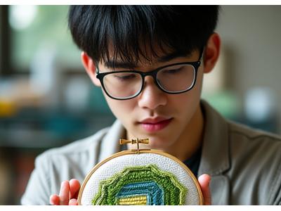 Portrait of Marcus Chen, a cross-stitch instructor, intently looking at an embroidery hoop with a detailed cross-stitch piece.