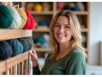 Portrait of Sarah Jenkins, a textile art instructor, demonstrating a technique to a small group of students in a bright studio.