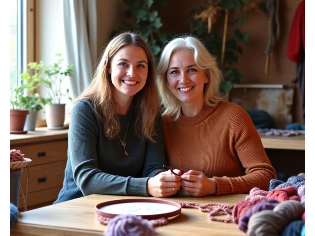 Founders of Loom & Lore smiling in a cozy, sunlit crafting studio with yarn and projects scattered around them.