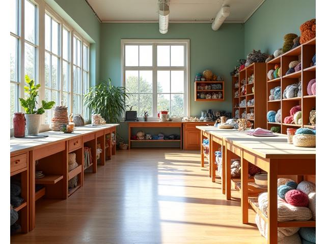 Bright, airy view of the Loom & Lore studio with students crafting at tables, yarn shelves visible in the background.