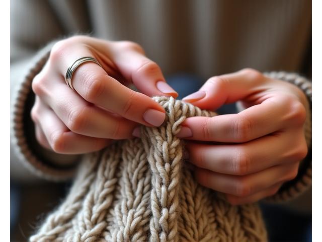 Close-up of hands working on an intricate, beautifully textured knit pattern with complex cables and lace, bathed in soft, warm light.