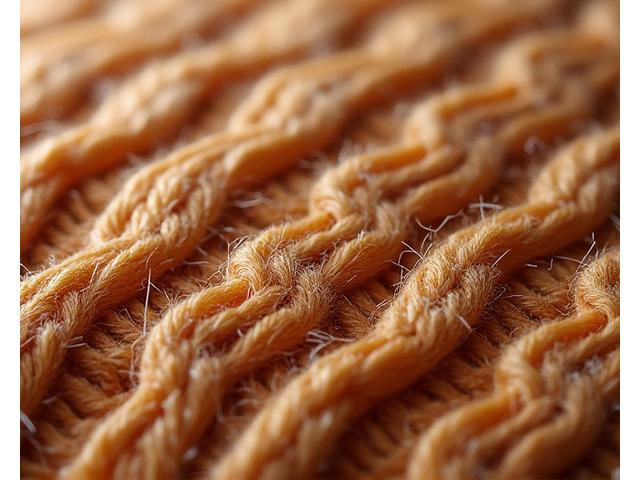 Knitted fabric with intricate 3D cable designs, showing varied textures