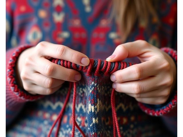 Hands knitting complex Fair Isle colorwork in vibrant yarns