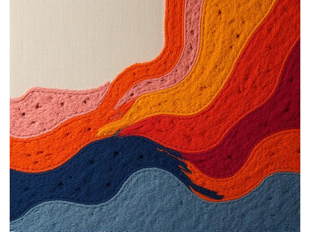 A modern, abstract textile art piece combining knitting and embroidery techniques