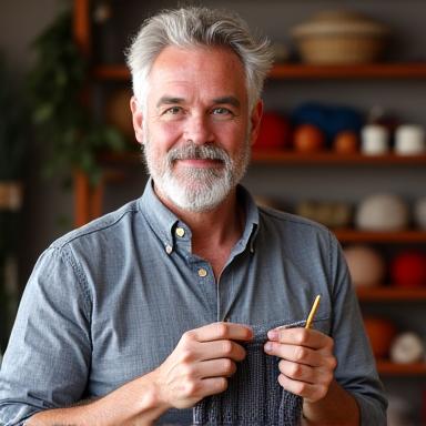 Portrait of David, a friendly and experienced knitting instructor.