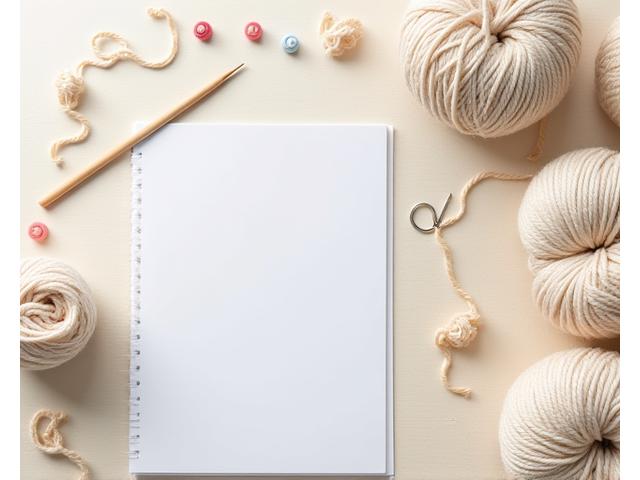 Neatly arranged beginner knitting kit with yarn, needles, and a pattern book.
