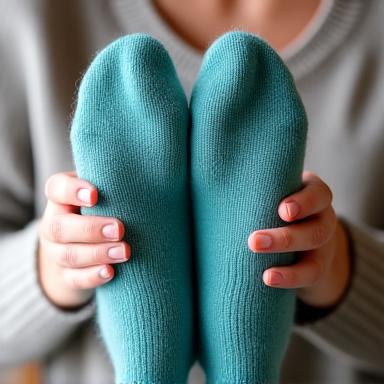 Photo of Anna holding up her first pair of knitted socks, smiling proudly.