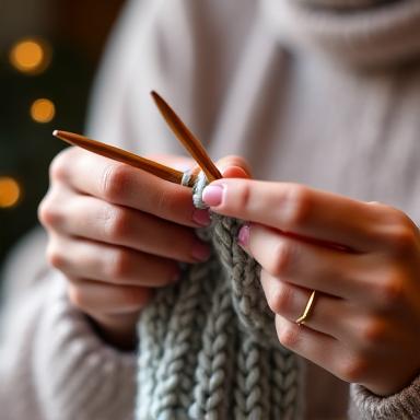 Photo of Eliza's hands knitting a small baby blanket with colorful yarn.
