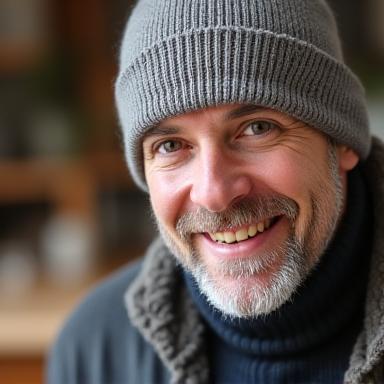 Photo of Marc wearing a simple knitted beanie he made in class.