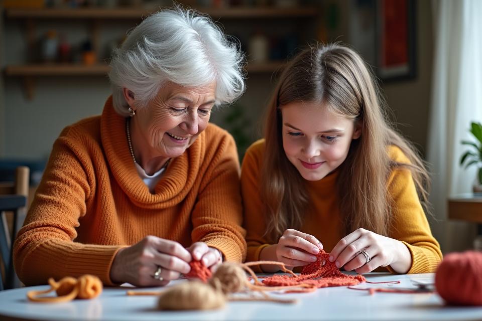 An older woman patiently teaching a young person to knit, showcasing intergenerational learning and support