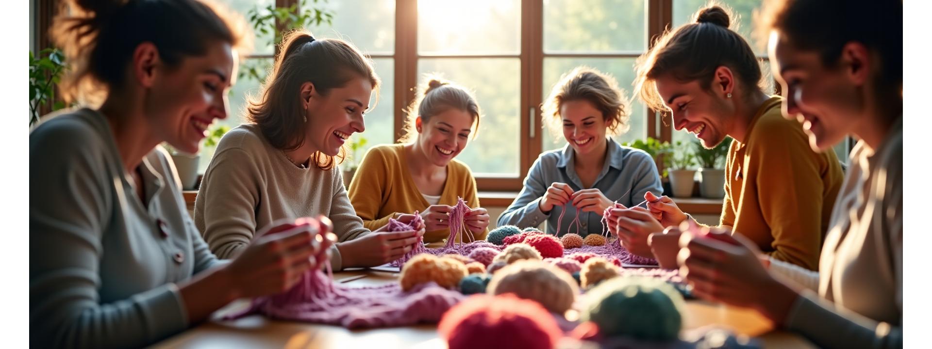 Diverse group of people knitting and crocheting together at a vibrant craft night, laughing and sharing tips