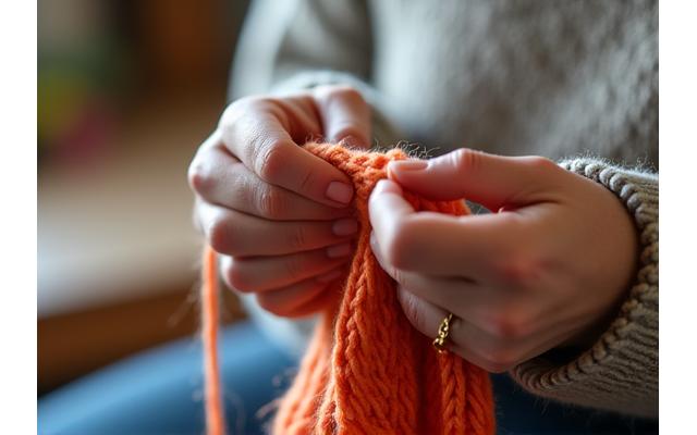 Hands knitting with colorful yarn, a warm and inviting scene