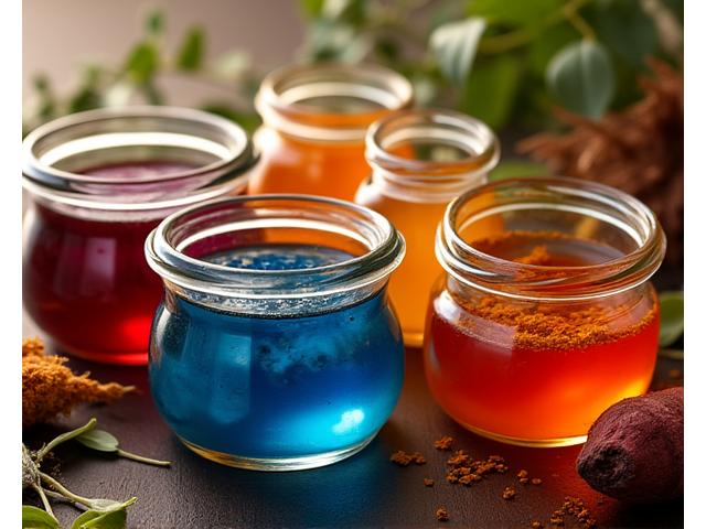 Natural dyeing setup with various plant materials and fabrics soaking in colorful dye baths.
