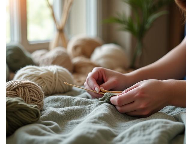 A serene crafting scene featuring hands working with natural, undyed yarns and sustainable fabrics, bathed in soft, natural light, symbolizing harmony with nature.