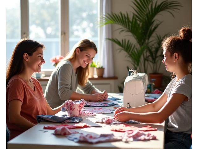 Participants in a bright workshop space creatively transforming old clothing into new textile art pieces.