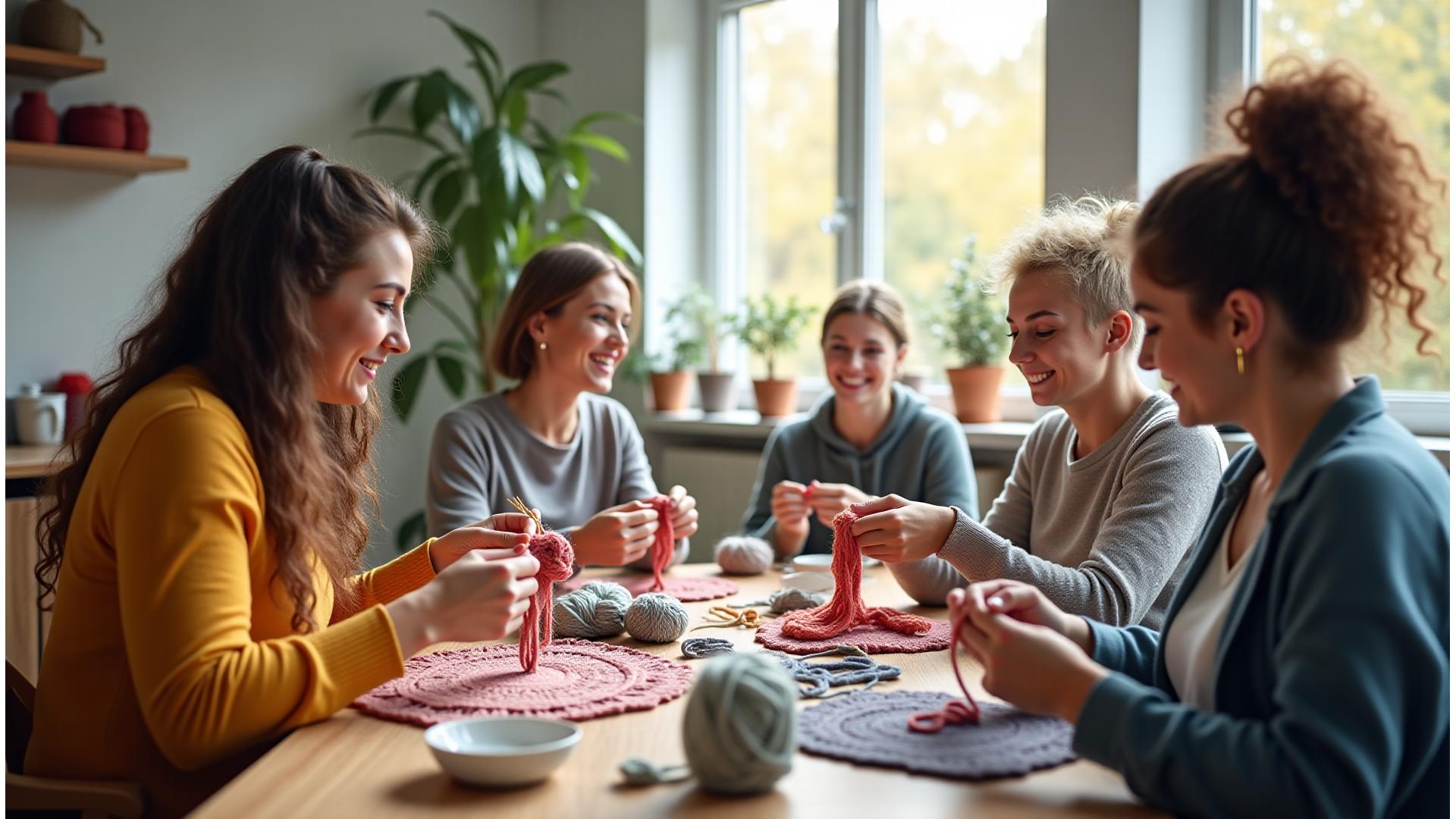 Diverse group of smiling students knitting and cross-stitching with an instructor in a bright, modern studio