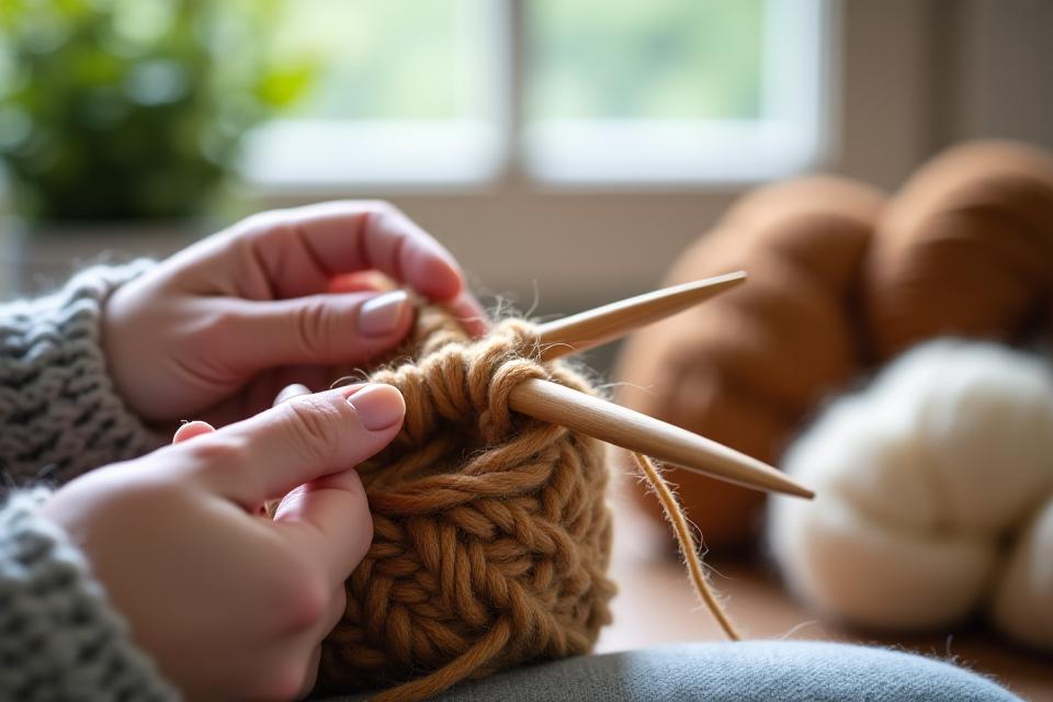 Close-up of hands knitting with natural, undyed wool yarn and wooden needles