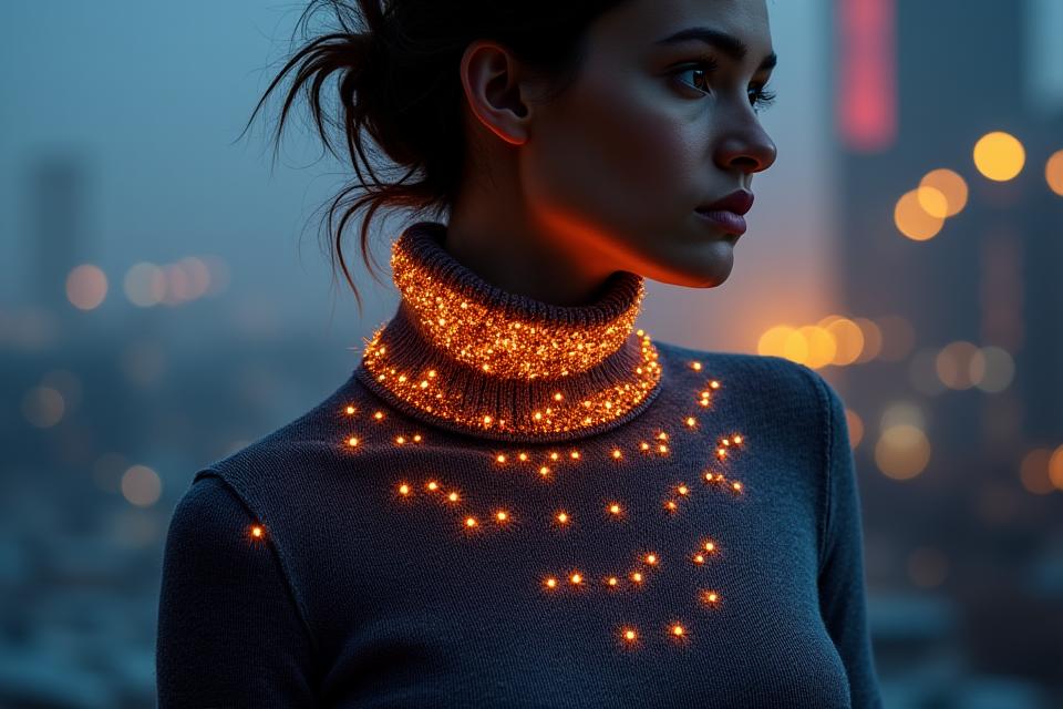 Person wearing a knitted scarf with subtle embedded LED lights, glowing softly in a modern setting