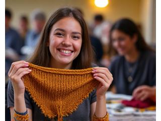 Chloe B. smiling, holding up a partially completed knitted shawl with several other crafters in the background