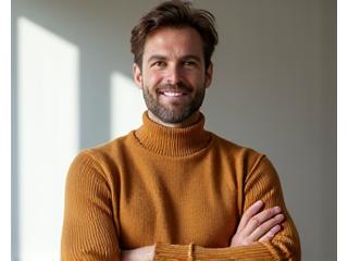 David L. proudly modeling a hand-knitted, custom-fitted sweater in a contemporary style