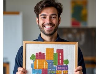 Michael P. holding up a detailed, intricately cross-stitched map of Atlanta