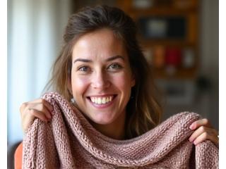 Sarah J. proudly displaying a hand-knitted, textured scarf