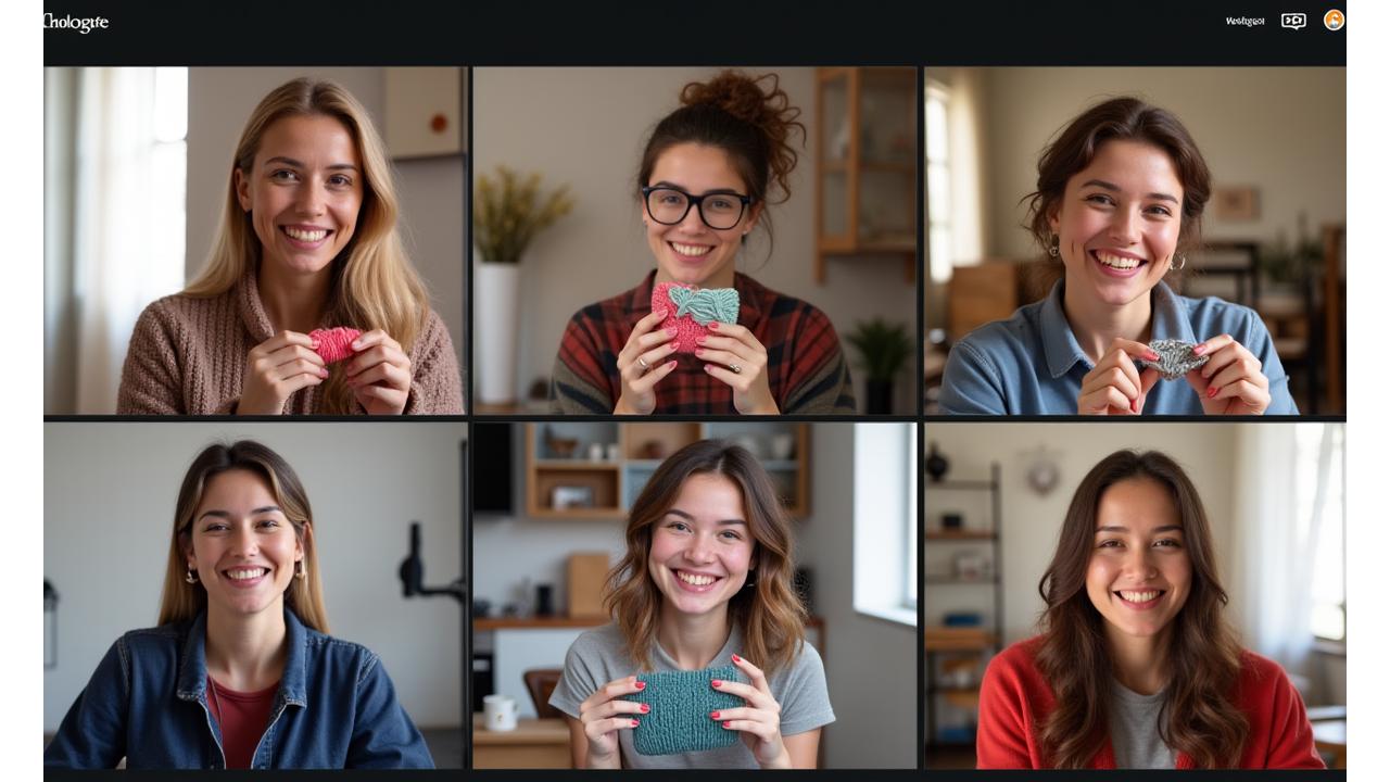 Diverse group of people engaging in a virtual craft gathering on a video call, smiling and holding up their knitting projects.