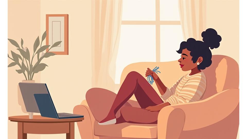 Stylized illustration of a person casually knitting on a couch with a laptop, symbolizing flexible online learning.
