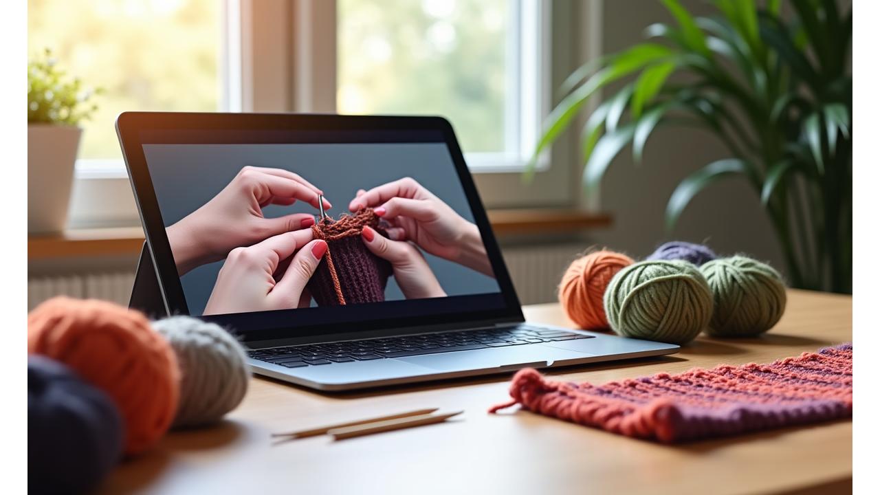 Preview of Loom & Lore online course interface showing a detailed knitting tutorial video, with yarn and needles nearby.