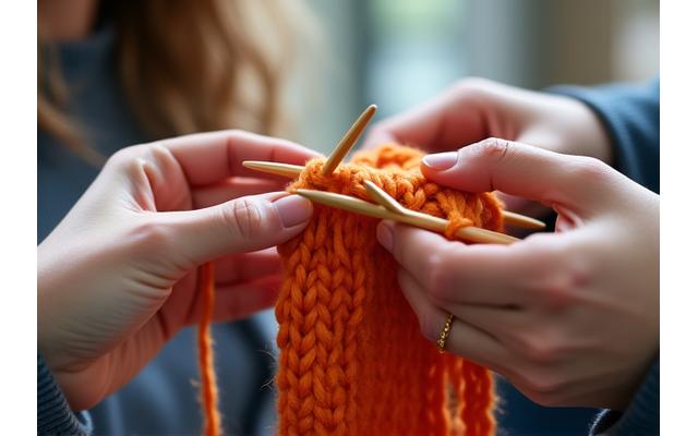 Close-up of hands expertly knitting with colorful yarn, representing personalized instruction and accelerated learning in textile arts.