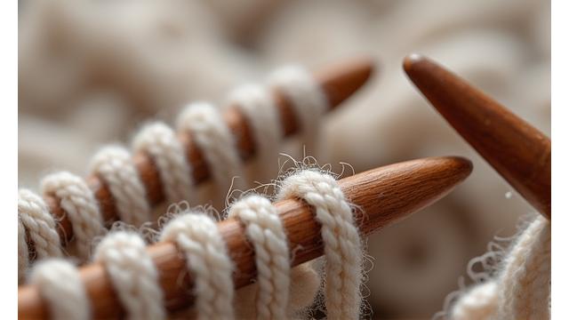 Knitting needles with a dropped stitch, before correction.