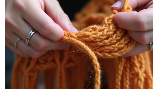 Hands weaving in loose ends on a finished knit scarf, demonstrating finishing touches.