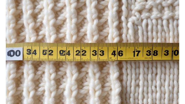 Measuring tape stretched across a knitted swatch, highlighting gauge issues.