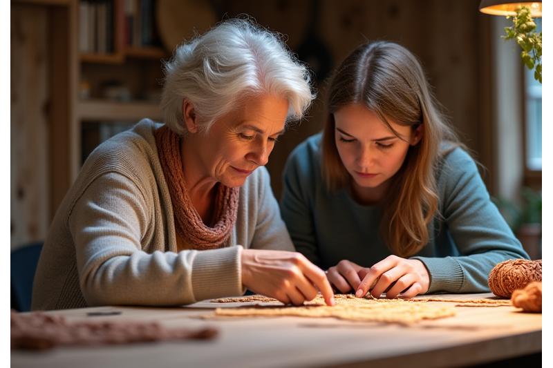 Crafting instructor providing one-on-one guidance to a student, pointing to a knitting project, symbolizing personalized help.
