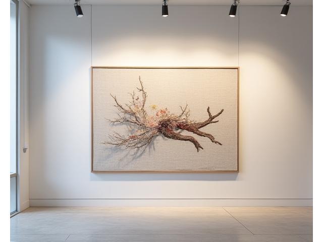 A close-up of a large, modern cross-stitch art piece in a gallery setting, depicting an abstract or conceptual design that challenges traditional notions of embroidery.