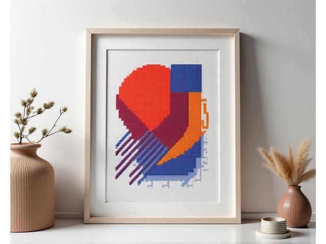 A contemporary cross-stitch piece featuring abstract geometric shapes and a vibrant, modern color palette, displayed as fine art in a minimalist frame.