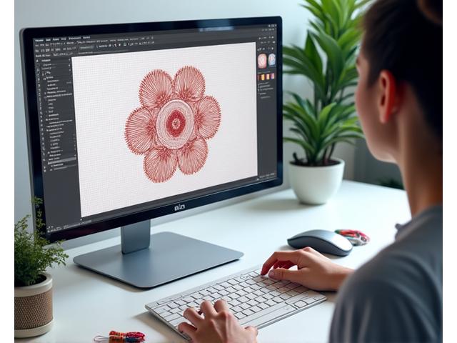A designer working on a computer screen, displaying a complex cross-stitch pattern being created using specialized digital design software, emphasizing precision tools.