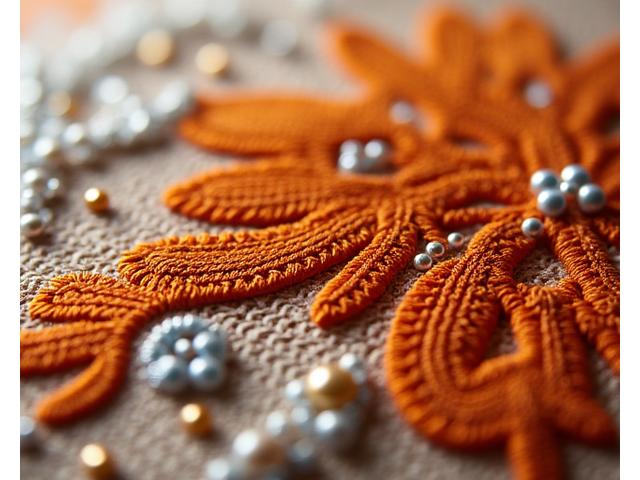 A close-up of a cross-stitch piece with pronounced three-dimensional textures, incorporating French knots, beadwork, and various thread types to create a sculptural effect.