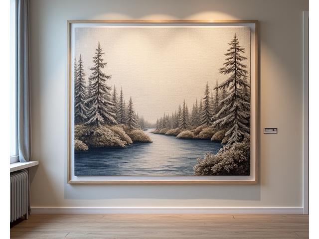 A large, exquisitely framed cross-stitch piece displayed in a well-lit gallery, showcasing detailed work and a complex design worthy of exhibition.