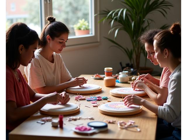 A diverse group of adults engaged in a hands-on cross-stitch workshop, with an instructor providing individual guidance and various specialized tools and threads visible on tables.