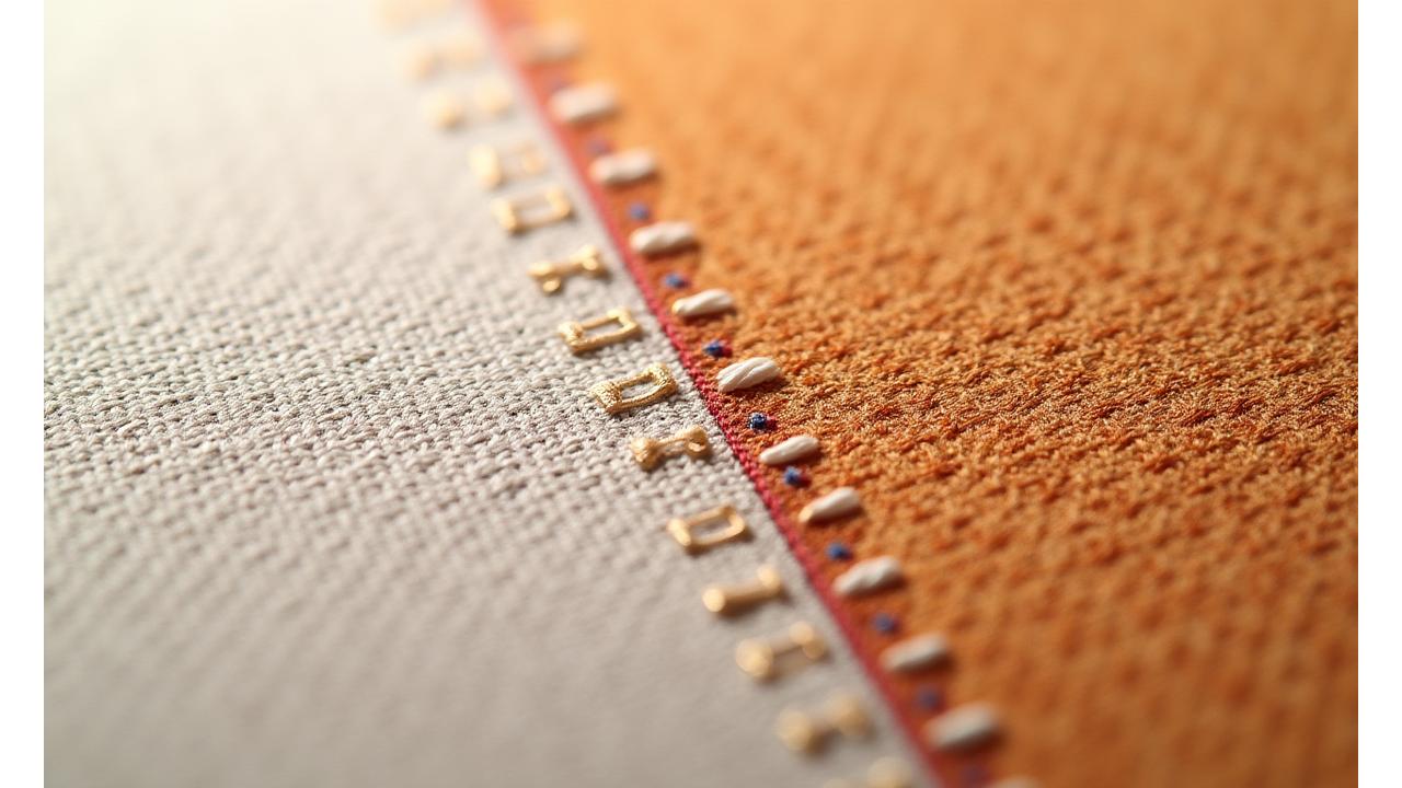 A close-up image showing advanced cross-stitch techniques with intricate details and varied textures, contrasting with a simpler, traditional cross-stitch sample in the background to highlight complexity.