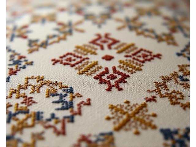 An antique-style cross-stitch sampler with faded colors and intricate historical patterns, possibly based on a 17th-century design, displayed on an aged linen fabric.
