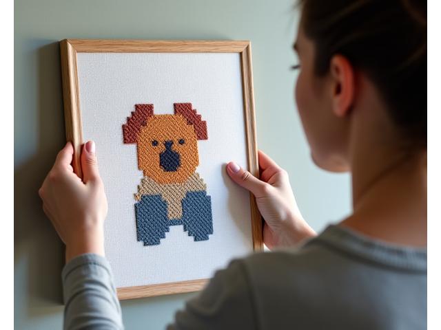 A person presenting a finished cross-stitch project in a professional setting, perhaps during an artist critique or at an exhibition, demonstrating professionalism.