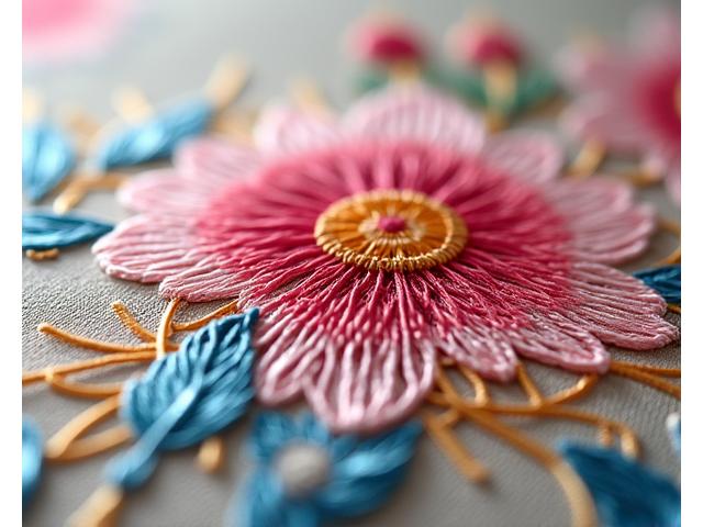 A close-up of intricate Asian silk embroidery, possibly a detail from a traditional Chinese or Japanese textile, showcasing fine cross-stitches and vibrant silk threads.