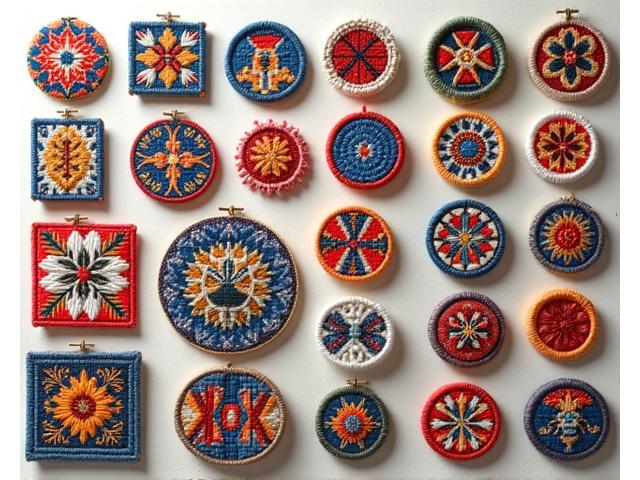 A collection of vibrant folk art cross-stitch pieces from various global cultures, showing bright colors, distinct patterns, and traditional motifs on cloth.