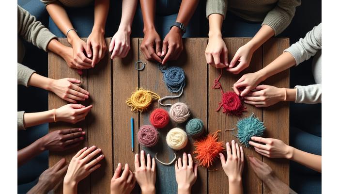 Diverse hands engaged in knitting and cross-stitch around a table, symbolizing community and collaboration.