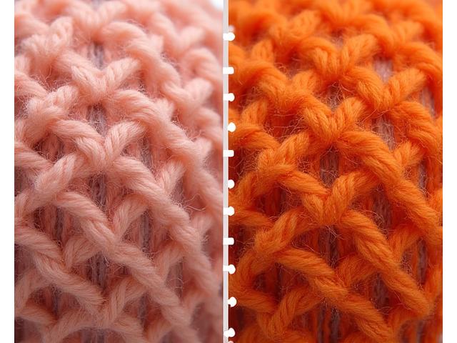 Illustration contrasting a tangled, frustrating knitting project with a professional, neatly completed one due to material choice.