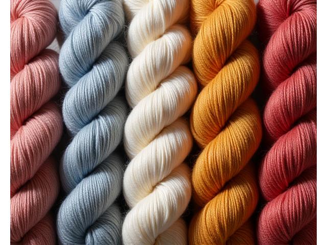 Close-up of various yarn skeins in different weights and fiber types, beautifully organized and labeled.